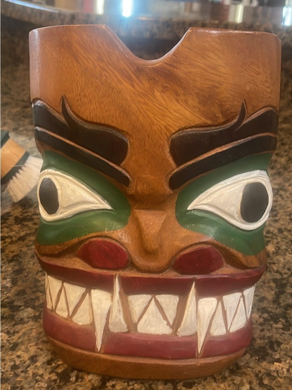 Hand-Painted Tribal Wood Wall Mask in Brown with Green and Red Accents